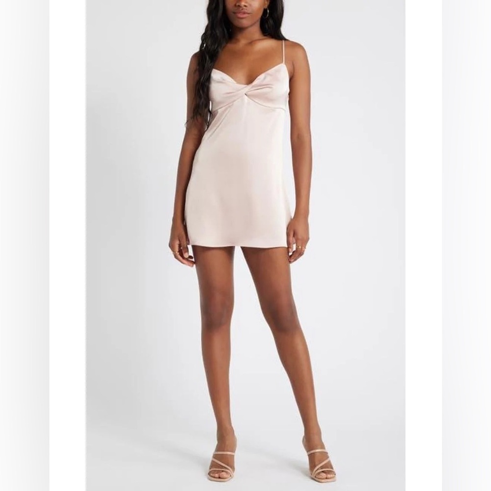 NWT- BP. Twist Front Satin Minidress, Pink Sepia, size small